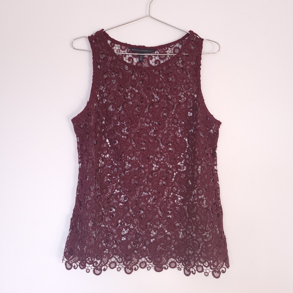 WHBM Burgundy Lace Overlay Top